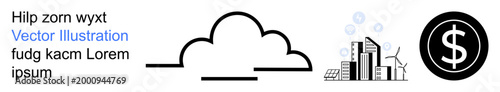 Cloud storage, urban development, clean energy, renewable resources, digital finance, business solutions. A cloud, city buildings with wind turbines coins. Cloud storage and urban development