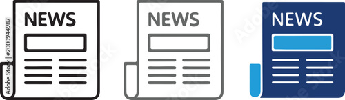 Newspaper icon set with flat and line art styles, featuring daily news report symbols, press publication graphics, and media information vector icons.