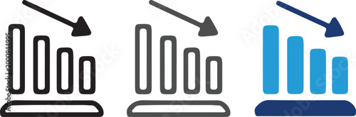 Decreasing bar chart icon set with falling arrow representing financial loss, business crisis, economic recession, and market down trend, vector illustration.