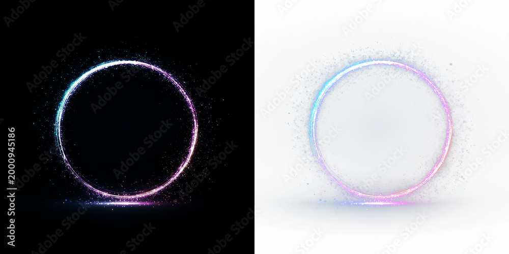 Fototapeta premium Circle with glowing edges in blue and purple colors isolated on transparent and black background, for design use, light overlay, PNG