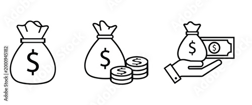 Money bag icons hand drawn style financial illustration set