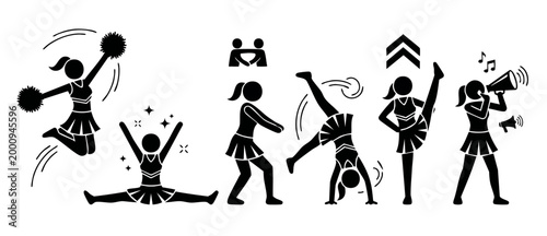 Cheerleader icon set stick figure performing various cheer stunts, jumping, tumbling, and cheering with megaphone in a minimalist black and white graphic style for sports and spirit squad design proje