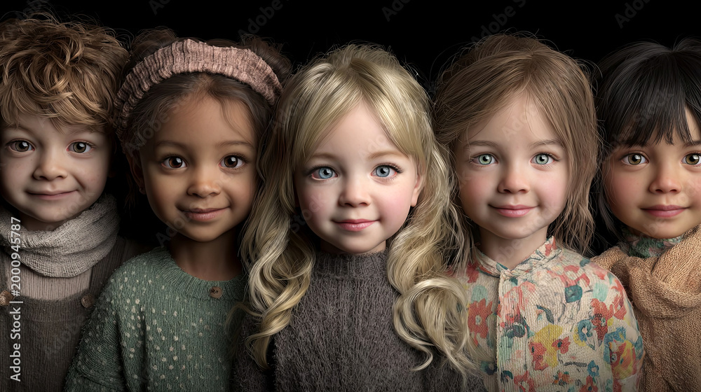 Fototapeta premium Group of diverse children with varying hairstyles and outfits, smiling together against a dark background, showcasing friendship and unity among youth in a joyful atmosphere