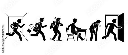 Student life daily routine icons, busy pupil rushing to school and studying, stress, exhaustion and deadline pressure, set of vector illustrations of academic schedule and educational lifestyle strugg