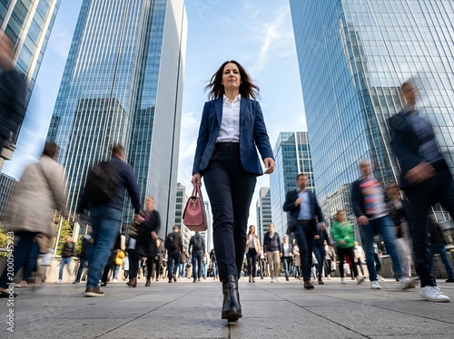 A confident businesswoman walks through a bustling city scene with skyscrapers.