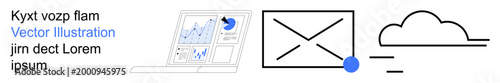 Data visualization, email design, cloud computing, technology workflow, modern interface, information sharing. Laptop with graphs, email layout and a cloud symbol. Data visualization and email