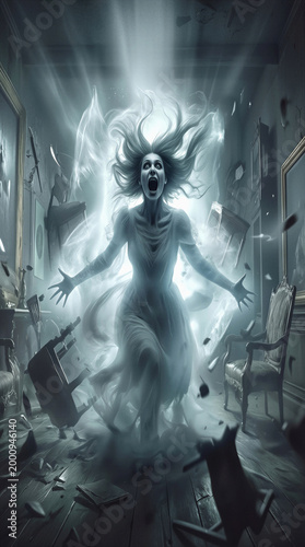 Screaming banshee apparition floating in haunted room. Poltergeist activity with furniture levitating in dark hallway.