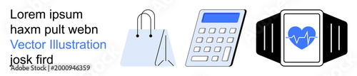 E-commerce, finance management, fitness tracking, digital tools, online shopping, health monitoring. Shopping bag, calculator smartwatch with heart rate symbol. Finance management and health