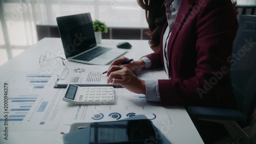 Professional accountant calculating business finances and analyzing marketing data on a laptop in a modern office