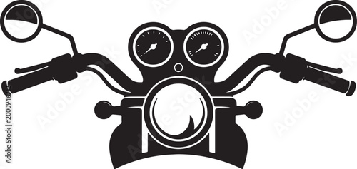 Black and white motorcycle handlebar with dashboard, mirrors, and speedometer also transparent background