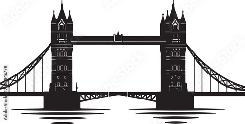 Black and white silhouette of tower bridge with water reflections also transparent background architecture