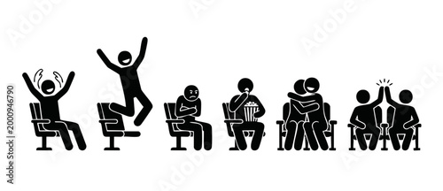People sitting in movie theater cinema seats icon set, illustrating various emotions and audience behaviors, including cheering, jumping, angry, eating popcorn, hugging, and high-fiving in a film hous