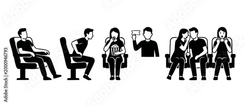 People sitting in cinema icon set, movie theater audience characters in different poses, eating popcorn, whispering, surprised, and holding ticket for film entertainment vector graphic flat design.