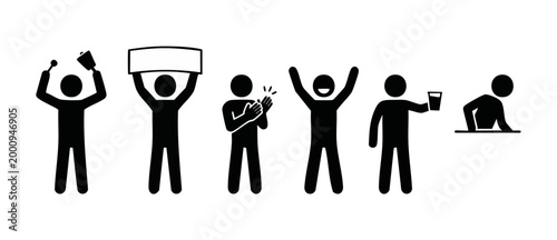 People cheering icons set, crowd celebration and stadium fans holding placards, drinking and clapping, vector graphic isolated on white background for sports events, business success and festive atmos