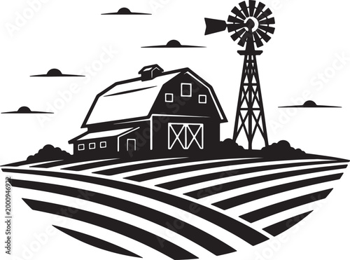 Silhouette of red barn and windmill on striped fields under cloudy sky also transparent background farm