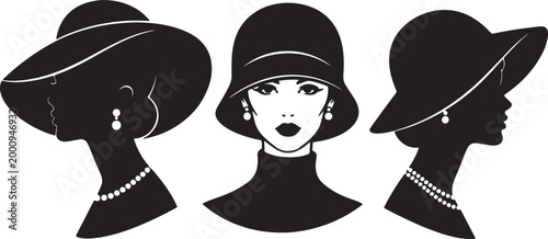 Silhouettes of three women wearing stylish hats and earrings also transparent background, fashion