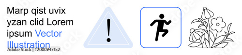 Safety, motion, warning, environmental consciousness, risk assessment, caution communication. A triangle with an exclamation mark, a running figure and flowers. Safety and motion concept