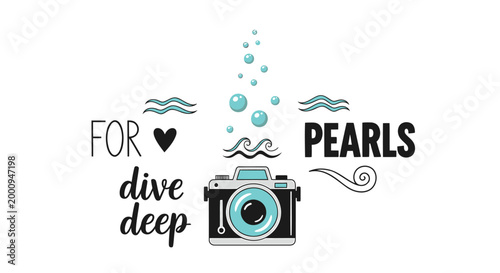 Scuba diving, underwater photography, ocean adventure icons, sea exploration graphics, blue vector set