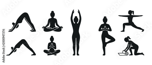 Yoga poses silhouette set, woman exercising fitness positions for meditation, wellness training, and healthy lifestyle practice, flat vector icon collection isolated on a white background for design u
