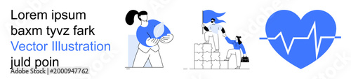 Healthcare, teamwork, collaboration, fitness, construction, cardiology. A heart with a pulse line, a worker stacking blocks a person holding a ball. Highlights teamwork and healthcare concepts