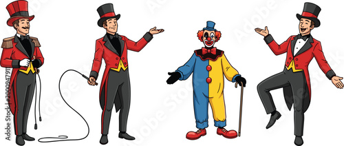 Cartoon circus ringmaster and clown character set with different poses performing show entertainment vector illustration