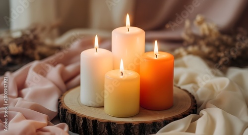 Warm glowing candles on a rustic wooden surface with delicate floral accents