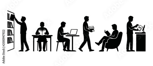 People reading and working, library silhouette set, flat black icons showing students studying, browsing books, using laptop, and scanning items in modern education, research, and information concept.
