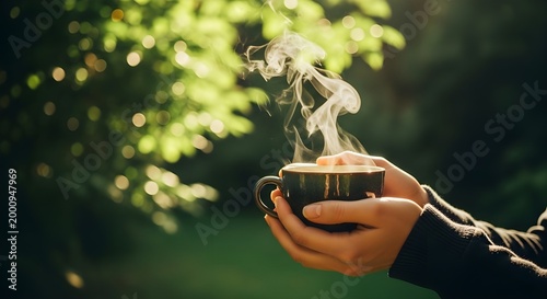 Hand holding a cup of coffee outdoors in natural light