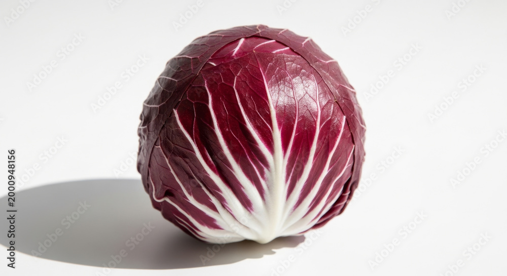Obraz premium Fresh Red Cabbage with Vibrant Leaves, Showcasing Intricate Patterns and Hues Against A Clean, White Concept Delicious Food