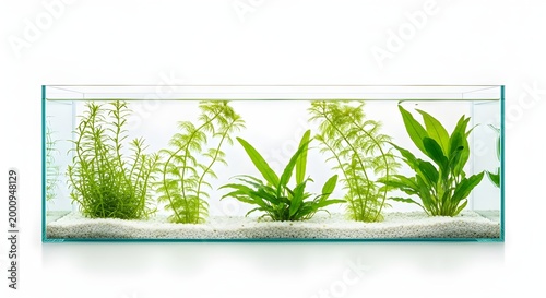 Aquarium with lush green plants and white gravel substrate