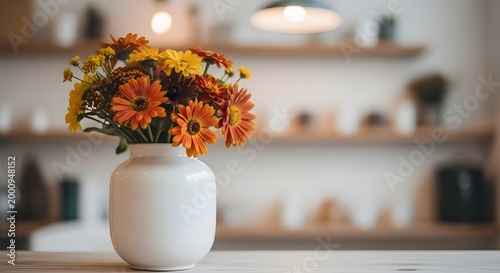 Vibrant autumn flowers in a white vase on a kitchen countertop