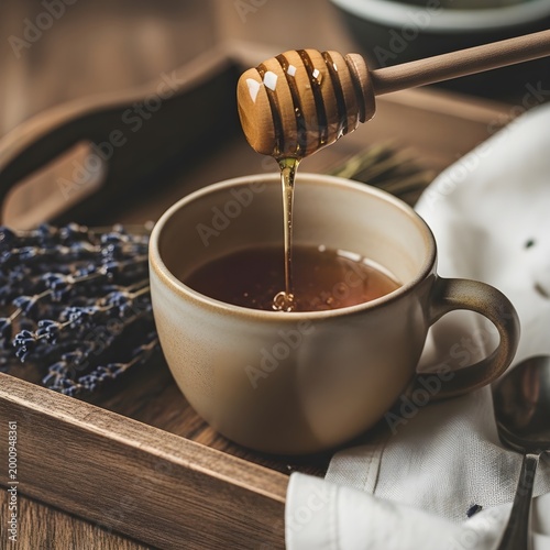 Golden honey pouring into a ceramic mug with tea and wooden tray