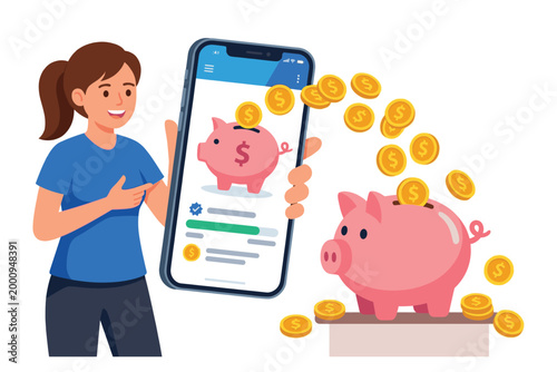 Mobile Saving Dreams: A woman envisions her financial aspirations, observing gold coins flowing from a digital piggy bank displayed on her smartphone into a tangible piggy bank.