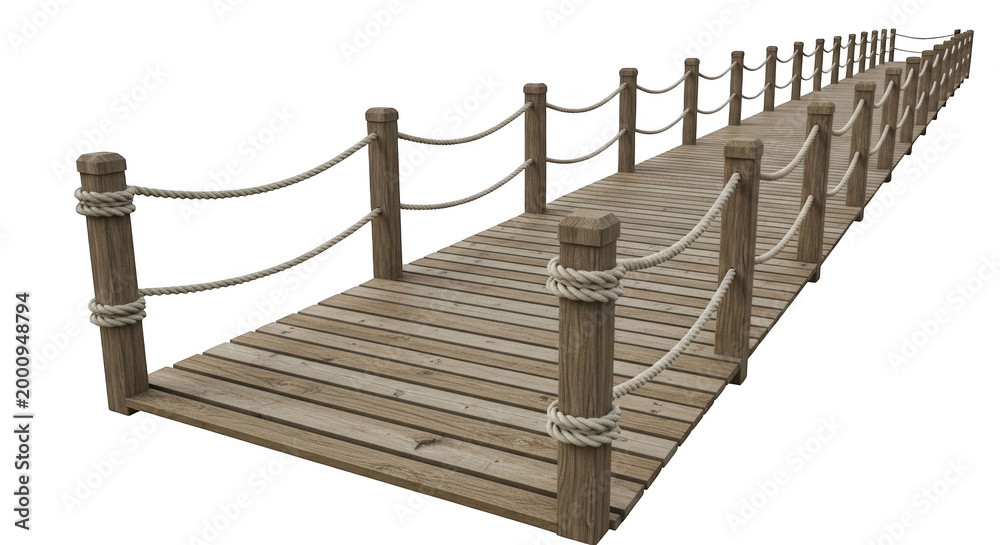 Naklejka premium Long wooden boardwalk bridge with vertical posts and thick rope railings, perspective view isolated on transparent background