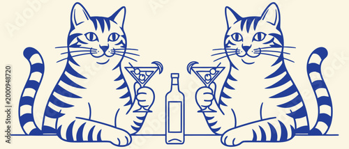 Two cats drinking martinis and toasting with a bottle, blue line art illustration of anthropomorphic feline friends having cocktails