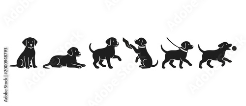 Puppy Silhouettes Set of Black Dog Poses, Cute Labrador Retriever Puppies Sitting Walking and Playing, Vector Collection of Dog Training Icons for Pet Shop Branding, Kennel Care and Veterinary Design