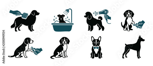 Dog Grooming Icons Set for Professional Pet Care Services and Salons, Featuring Brushing, Bathing, Hair Drying, and Nail Trimming Activities in Minimalist Vector Style for Veterinary Clinic Design.