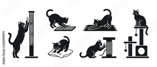 Cat Scratching Post Icon Set, Domestic Kittens Playing and Clawing Scratching Surfaces, Pet Care Activity Symbols for Veterinary Clinics and Animal Shelters in Flat Minimalist Black Vector Illustratio