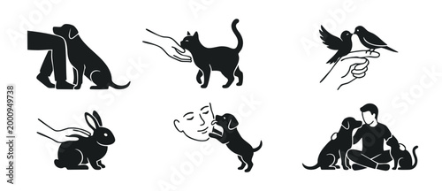 People and pets interaction icons set, human and animal friendship symbols, vector illustration of humans bonding with dogs, cats, rabbits, and birds, showing love, care, support, and companionship.