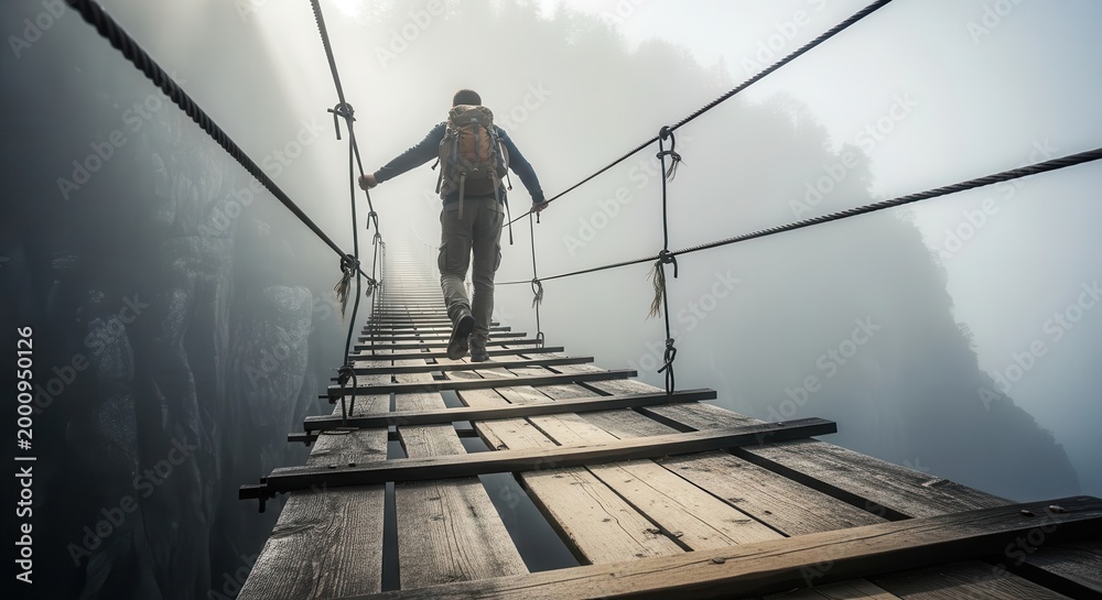 Naklejka premium Hiker walks across a narrow wooden suspension bridge high above a foggy mountain abyss.