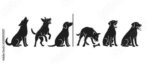 Dog Silhouette Set Vector Illustration, Various Canine Poses Showing Different Behaviors, Isolated Black Puppy Graphics on White Background for Pet Shop Branding, Training Manuals, and Animal Care Des