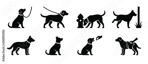 Dog Silhouette Icons Set, Domestic Puppy Activities and Training Poses, Minimalist Black Vector Collection for Pet Care, Veterinary, Dog Walking, Grooming, Feeding and Obedience Symbols on White Backg