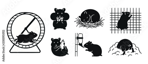 Hamster Silhouette Icons Set, Cute Rodent Pet Activities and Care Graphics for Animal Lovers, Minimalist Black Vector Collection of Small Pet Life Including Running, Eating, Sleeping and Drinking Wate
