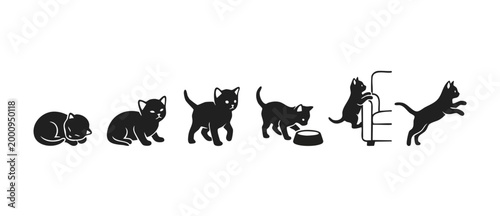 Cute kitten silhouettes set, cat lifecycle stages and playful kitten activities. Flat black vector icons of baby cats sleeping, sitting, walking, eating, scratching furniture and jumping, minimalist s