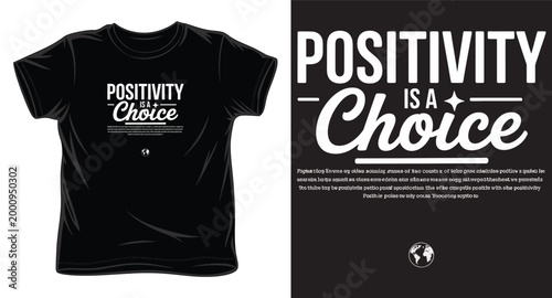 Positivity is a choice motivational typography design on black t-shirt mockup for apparel branding and positive lifestyle merchandise.