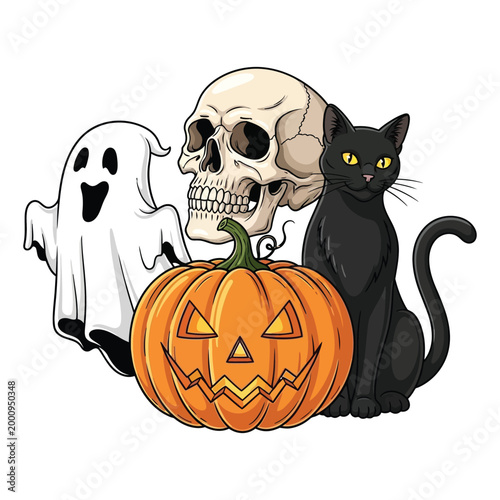 Spooky Halloween Scene, Jacko, lantern, Black Cat, Skull, and Ghost Illustration