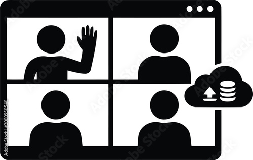 Video chat grid with hand raise and cloud iconsVideo chat grid with hand raise and cloud icons