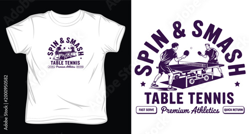 Table tennis vector illustration for apparel design featuring players playing ping pong match with vintage spin and smash text.