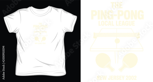 Ping pong local league graphic with table and paddles vector illustration for sports apparel in vintage cream color style.