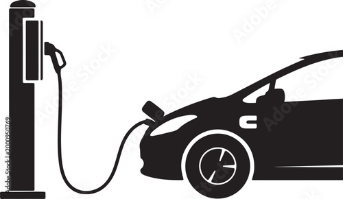 Black silhouette of electric car being charged at a station isolated on white background